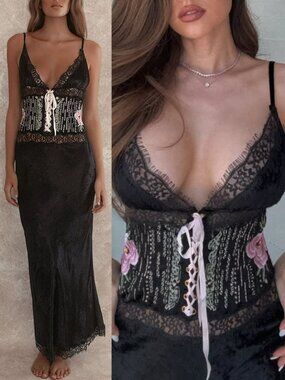 Fillyboo Kiss From A Rose Bias Maxi Dress Black Beaded Velvet Lace Size XS